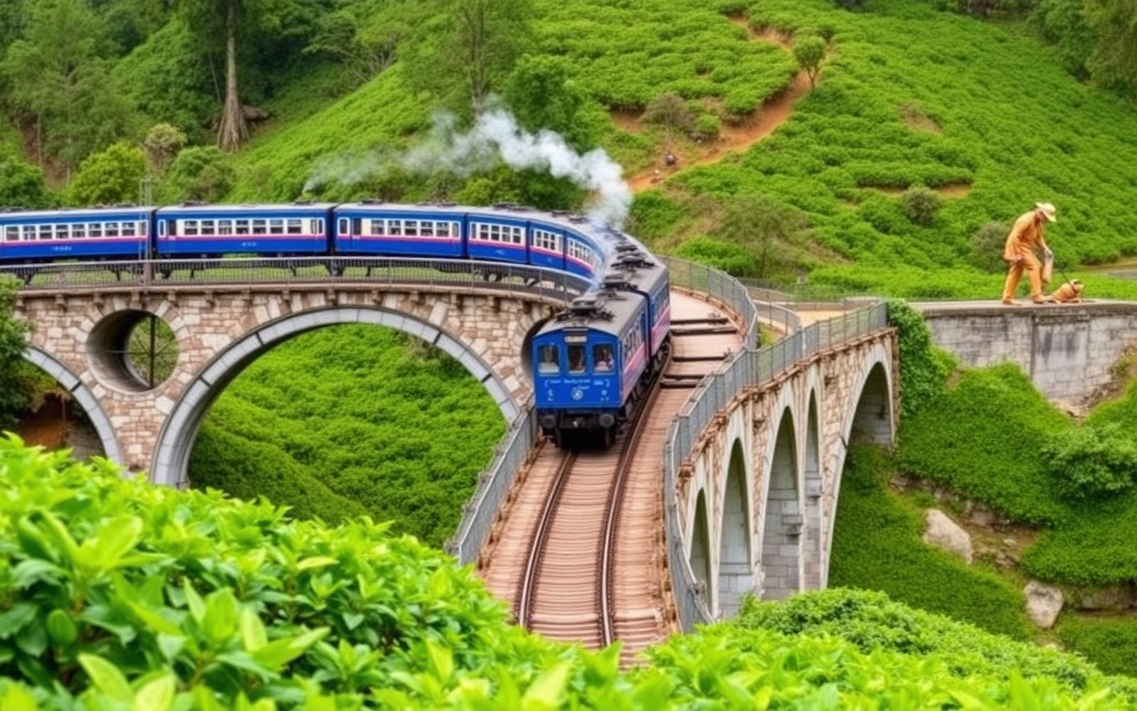 Blue Sri Lankan train crossing Nine Arch Bridge in Ella tea country