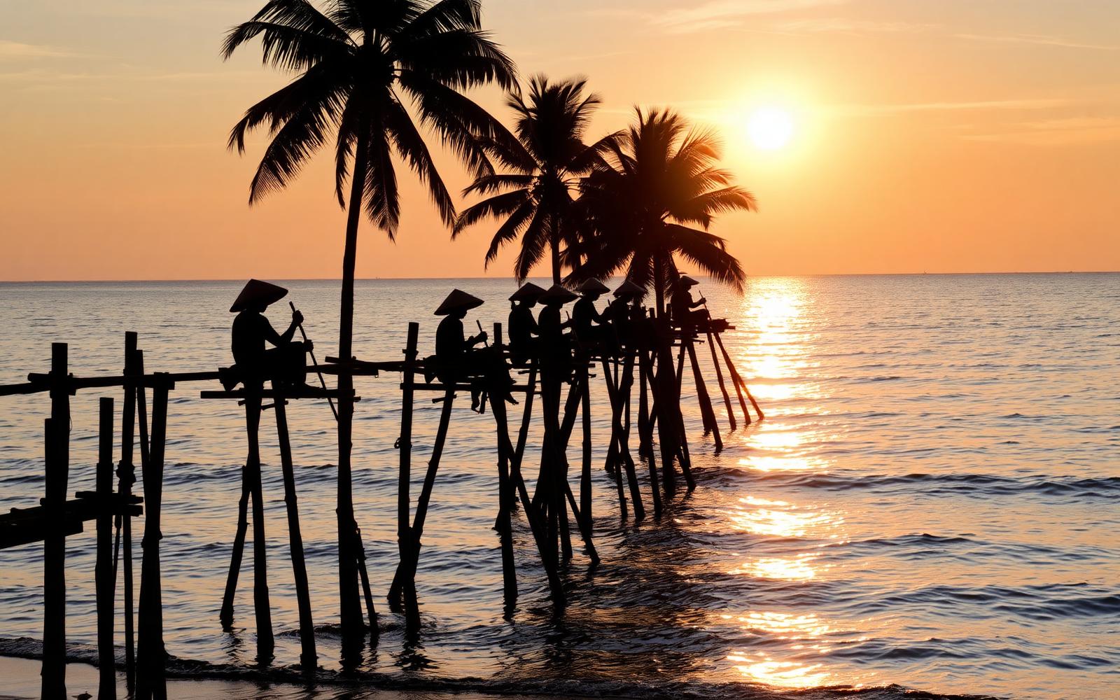 Traditional stilt fishermen silhouetted at sunset on Sri Lanka's south coast