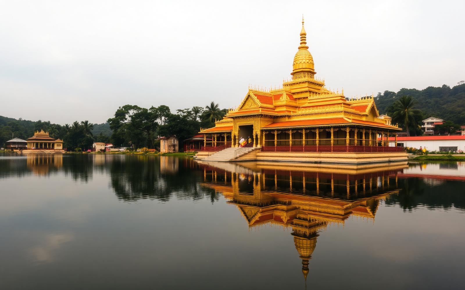 Golden Temple of the Tooth in Kandy reflected in lake at dusk