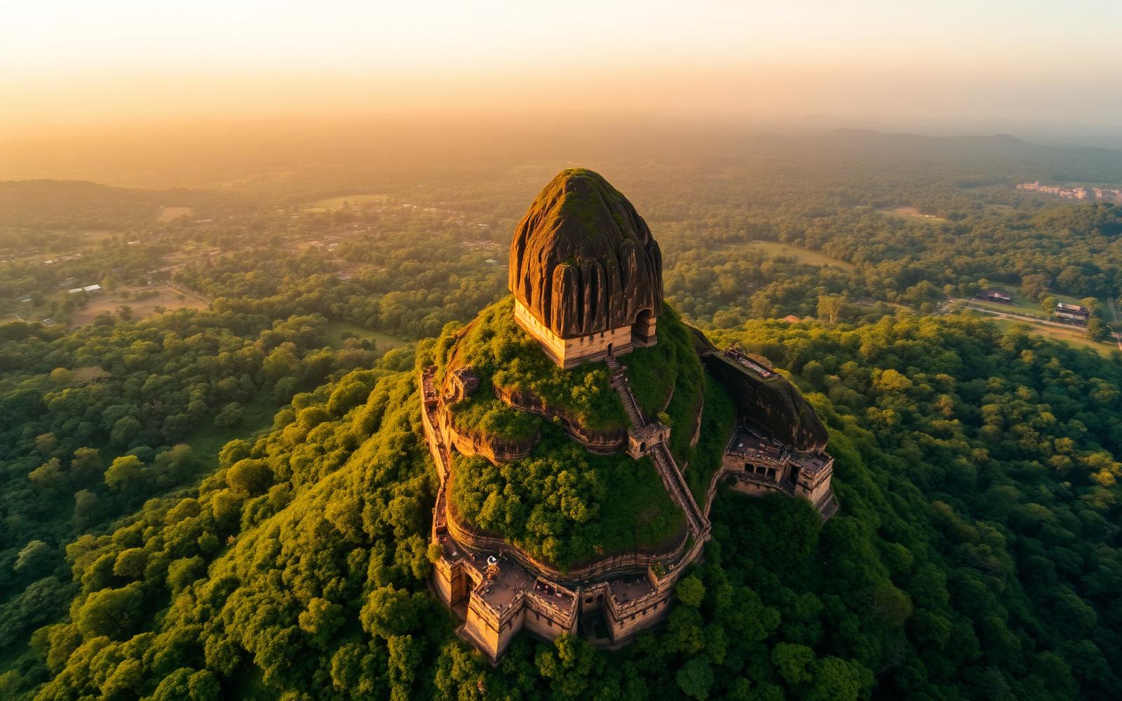 Aerial sunrise view of Sigiriya Lion Rock fortress in Sri Lanka