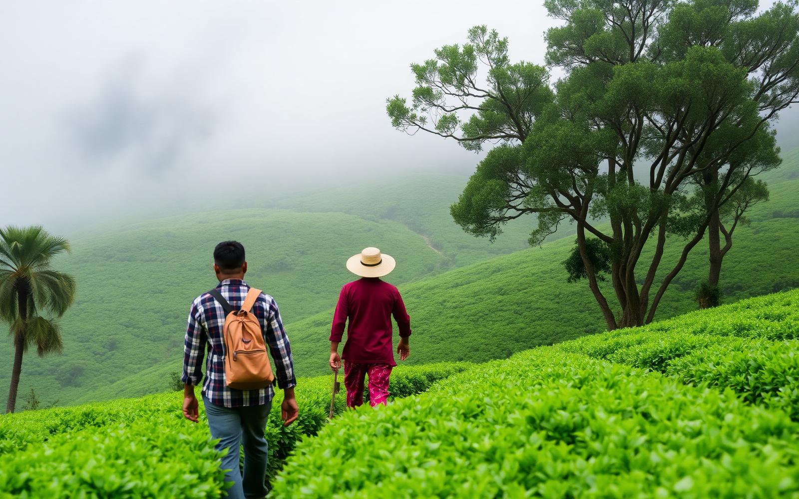 Trekkers walking through misty green Sri Lankan tea plantations